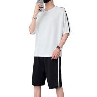 可二开定制新款夏季男潮流宽松学生短袖T恤两件套圆领运动套装