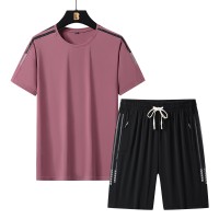 夏季大码新款三条杠冰丝短裤套装跨境电商冰丝短袖T恤高品质适合