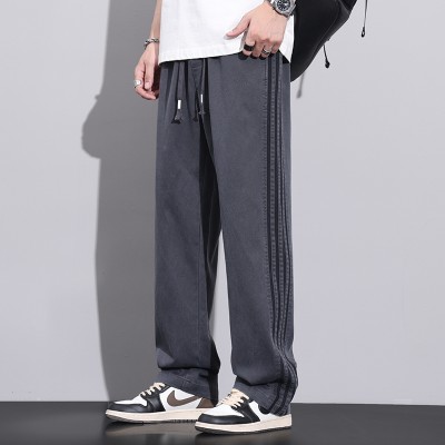 <!--条纹拼接运动裤子男款2024春夏新款垂坠感直筒宽松阔腿休闲长裤子-->