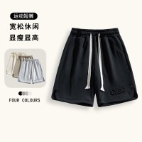 Q夏季新款港风男式松紧系带短裤小灰裤字母钢印压花直筒裤子