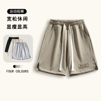 Q夏季新款港风男式松紧系带短裤小灰裤字母钢印压花直筒裤子