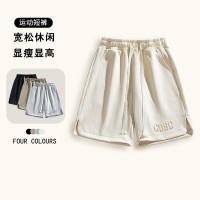 Q夏季新款港风男式松紧系带短裤小灰裤字母钢印压花直筒裤子