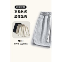 Q夏季新款港风男式松紧系带短裤小灰裤字母钢印压花直筒裤子