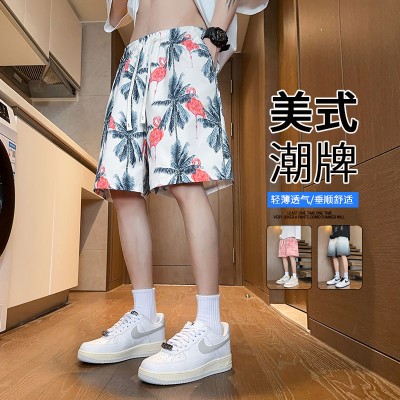 <!--大码沙滩裤男夏季冰丝薄款花短裤宽松潮牌休闲居家五分速干大裤衩-->