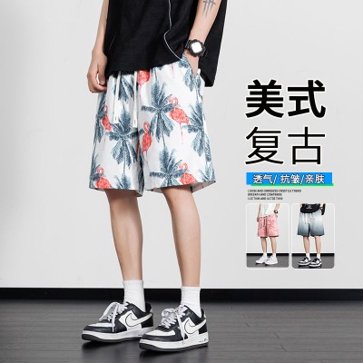 <!--大码沙滩裤男夏季冰丝薄款花短裤宽松潮牌休闲居家五分速干大裤衩-->