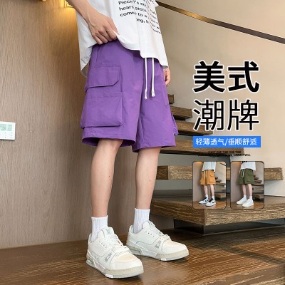 <!--工装短裤男士夏季薄款潮牌宽松直筒休闲速干透气冰丝五分裤大裤衩-->