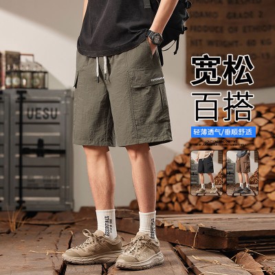 <!--日系冰丝速干运动短裤男士夏季大码薄款透气宽松工装五分抽绳男生-->