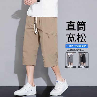 <!--工装七分裤男夏季2024新款冰丝薄款休闲潮牌宽松美式运动短裤子-->