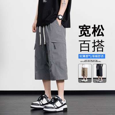 <!--工装七分裤男夏季2024新款冰丝薄款休闲潮牌宽松美式运动短裤子-->