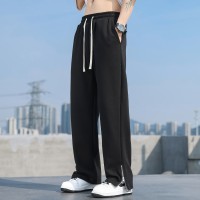 Q春夏宽松直筒高街休闲裤男士开叉拉链拖地裤松紧针织长裤子