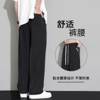 Q春夏冰丝裤子男ins潮港风百搭黑色宽松直筒垂坠感阔腿休闲裤