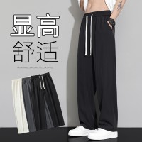 Q春夏冰丝裤子男ins潮港风百搭黑色宽松直筒垂坠感阔腿休闲裤
