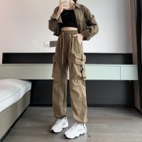 工装裤女秋季新款简约时尚工装风长裤子宽松高腰阔腿裤