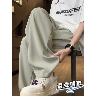 <!--日系慵懒风垂感冰丝裤子男士夏季薄款宽松直筒阔腿裤男生休闲长裤-->