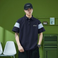 Q美式拼色polo衫男短袖宽松加大码夏季落肩保罗衫半袖翻领t恤