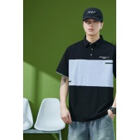 Q美式POLO衫短袖T恤男宽松大码夏季潮流撞色拼接翻领半袖