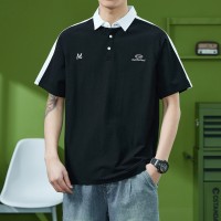 QPolo衫男夏季美式复古撞色短袖t恤宽松潮牌休闲五分袖上衣