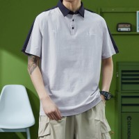 QPolo衫男夏季美式复古撞色短袖t恤宽松潮牌休闲五分袖上衣