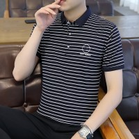Q新款短袖t恤男士POLO衫夏季条纹纯棉高端翻领半袖体恤春装潮