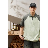 Q插肩撞色拼接POLO衫男夏季潮牌纯棉翻领T恤男士宽松透气短袖