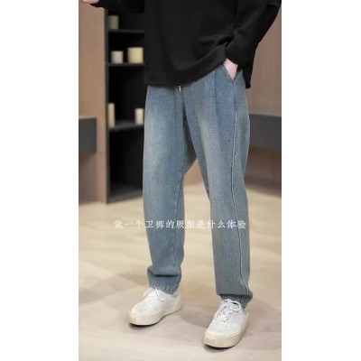 <!--春夏新款四季百搭男士牛仔裤薄款宽松潮流复古抽绳简约休闲裤子男-->