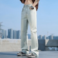 Q美式直筒修身微喇牛仔裤男水洗高街宽松cleanfit复古蓝vibe