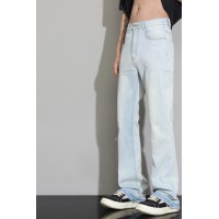 Q美式直筒修身微喇牛仔裤男水洗高街宽松cleanfit复古蓝vibe