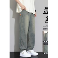 Q复古蓝牛仔裤男款春夏季美式宽松直筒水洗潮牌绣标怀旧长裤
