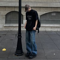 Qcleanfit抓痕复古阔版小直筒牛仔裤街拍休闲潮牌男士长裤