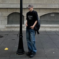 Qcleanfit抓痕复古阔版小直筒牛仔裤街拍休闲潮牌男士长裤