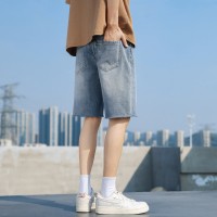 Q男士牛仔短裤直筒宽松韩版夏季字母刺绣薄款中裤潮牌五分裤