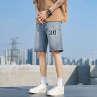 Q男士牛仔短裤直筒宽松韩版夏季字母刺绣薄款中裤潮牌五分裤