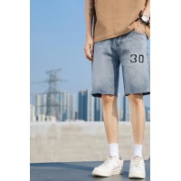 Q男士牛仔短裤直筒宽松韩版夏季字母刺绣薄款中裤潮牌五分裤