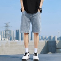 Q夏季薄款牛仔短裤男士高街宽松直筒绣标洗水休闲五分马裤子