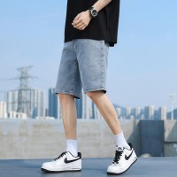 Q夏季薄款牛仔短裤男士高街宽松直筒绣标洗水休闲五分马裤子