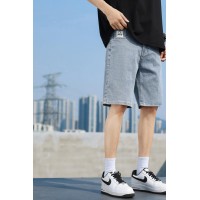 Q夏季薄款牛仔短裤男士高街宽松直筒绣标洗水休闲五分马裤子