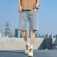 Q夏季薄款牛仔短裤男士高街宽松直筒绣标洗水休闲五分马裤子