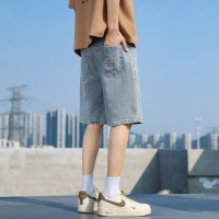 Q夏季薄款牛仔短裤男士高街宽松直筒绣标洗水休闲五分马裤子