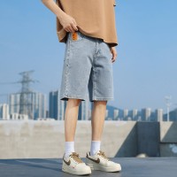 Q夏季薄款牛仔短裤男士高街宽松直筒绣标洗水休闲五分马裤子