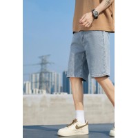 Q夏季薄款牛仔短裤男士高街宽松直筒绣标洗水休闲五分马裤子