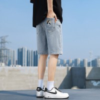 Q夏季薄款牛仔短裤男士高街宽松直筒刺绣洗水休闲五分马裤子
