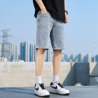 Q夏季薄款牛仔短裤男士高街宽松直筒刺绣洗水休闲五分马裤子