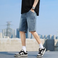 Q夏季薄款牛仔短裤男士高街宽松直筒绣标洗水休闲五分马裤子