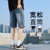 Q夏季薄款牛仔短裤男士高街宽松直筒绣标洗水休闲五分马裤子