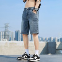 Q夏季薄款牛仔短裤男士高街宽松直筒绣标洗水休闲五分马裤子