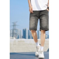 Q夏季薄款牛仔短裤男士高街宽松直筒绣标洗水休闲五分马裤子
