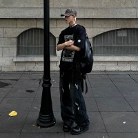 Q夏薄款cityboy拼接破洞潮牌牛仔裤男士抽绳直筒港风街头长