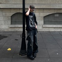 Q夏薄款cityboy拼接破洞潮牌牛仔裤男士抽绳直筒港风街头长