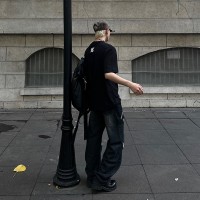 Q夏薄款cityboy拼接破洞潮牌牛仔裤男士抽绳直筒港风街头长