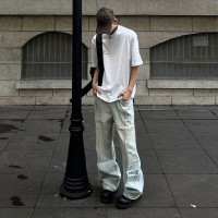 Q夏薄款cityboy拼接破洞潮牌牛仔裤男士抽绳直筒街拍长